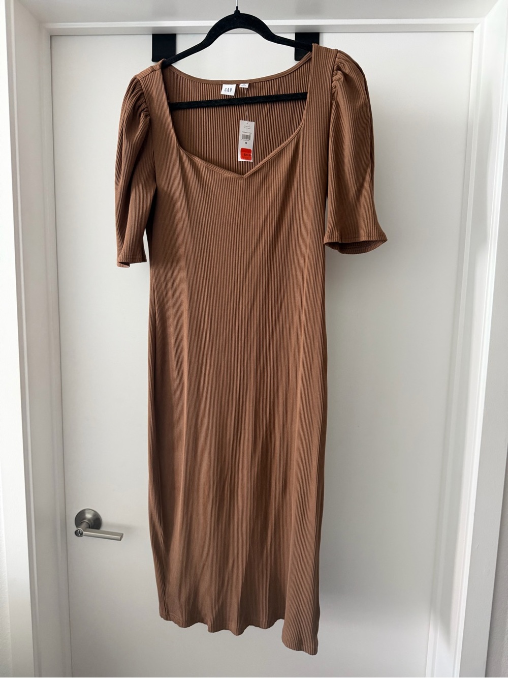 GAP Ribbed Square-Neck Midi Dress in Brown